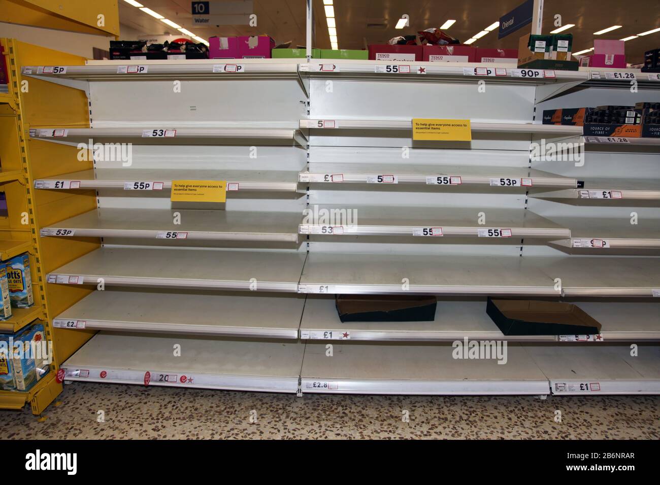 Tesco supermarket bare shelves empty of pasta due to panic buying