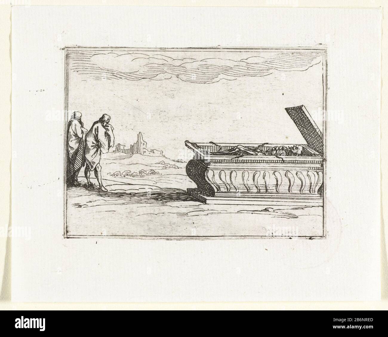 Geopend graf Kloosterleven in emblemen (serietitel) Presentation of a skeleton in an open coffin; two men standing next to it. This chapter is part of the series logo 'Abbey Life emblems. The second state of this series includes alongside an illustrated title page and 26 emblems have a title page and a sheet assignment, both in printing without afbeelding. Manufacturer : printmaker Jacques Callotnaar own design: Jacques CallotPlaats manufacture: Nancy Date: 1621 - 1635 Physical features: etching material: paper Technique: etching dimensions: plate edge: h 60mm × W 81 mm Subject: sarcophagusgra Stock Photo