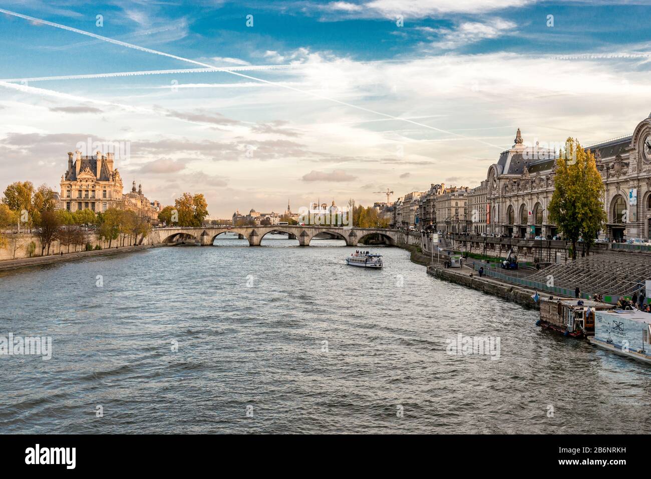 Seine river view from a pedestrian bridge near the Musee d’Orsay museum, Paris, France Stock Photo