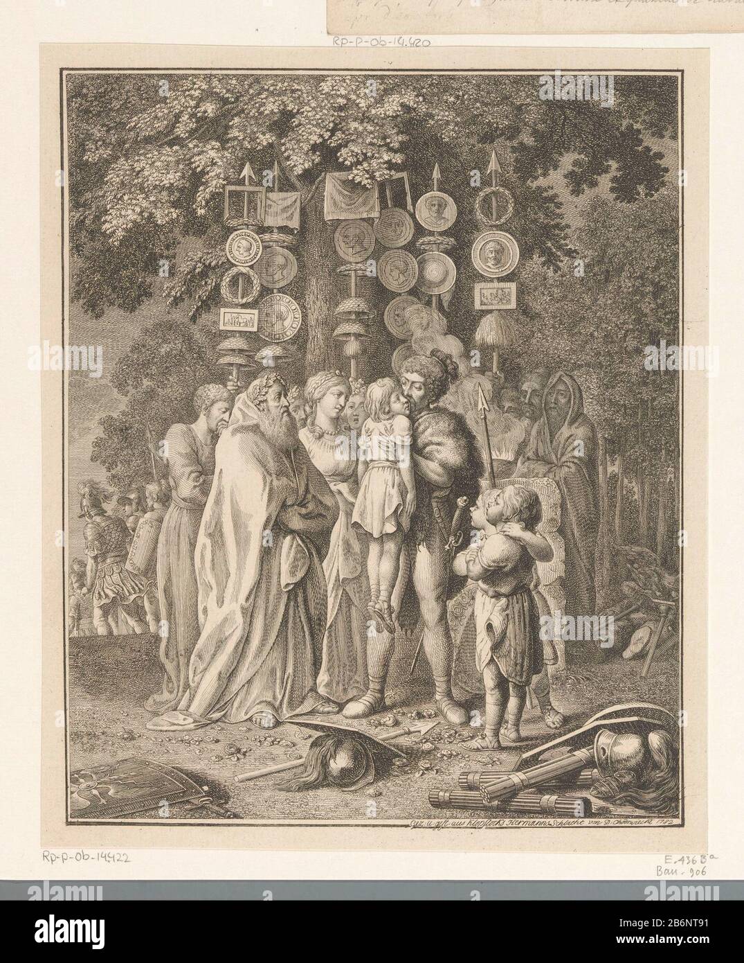 Germaanse veldheer Arminius kust voor de heilige eik een verwonde schildknaap Germanic commander Arminius coast to the sacred oak a wounded squire object type: picture Item number: RP-P-OB-14.422Catalogusreferentie Bauer 906Engelmann 436B-aCollectie Rijksmuseum two (2) Markings / Brands: collector's mark, verso, stamped: Lugt 2228 Manufacturer : printmaker Daniel Nikolaus ChodoWie: CKI (listed building) in its design: Daniel Nikolaus Chodowiecki (listed property) Place manufacture: Berlin Date: 1782 Material: paper Technique: etching dimensions: sheet: h 231 mm (inner plate edge cut) b × 192 m Stock Photo