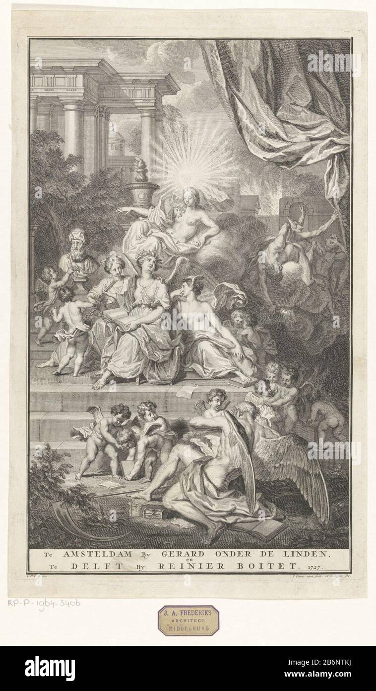Geschiedenis overwint Tijd An allegory on the art of writing. History sitting on a staircase and writes a book, she is surrounded by putti and allegorical figures. On a cloud above her sits Where: of a sun overhead. On the ground, the cases Father Time, surrounded by putti with books and papieren. Manufacturer : printmaker: Frederik Ottens (listed building) printmaker: Andries van Buysen (Sr.) (listed building) Louis Fabritius Dubourg (listed building) Publisher: Gerard onder de Linden (listed building) publisher: Reinier Boitet (listed property) Place manufacture: Publisher: Amsterdam Publish Stock Photo