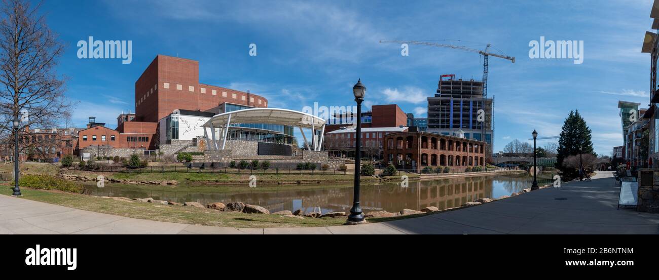 A panoramic view of downtown Greenville, South Carolina along the Reedy River Stock Photo