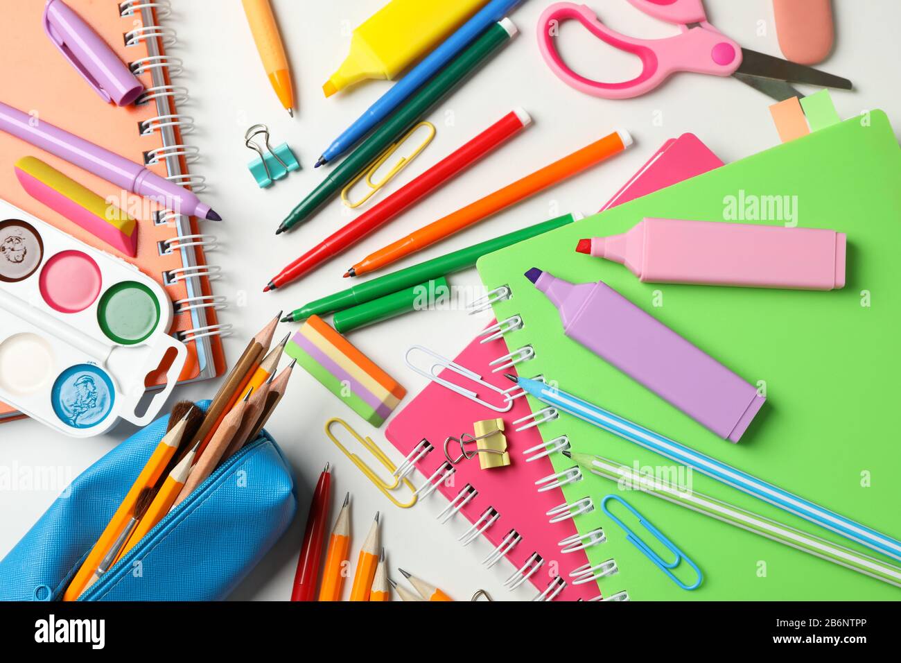 Different stationary on white background, top view Stock Photo Alamy