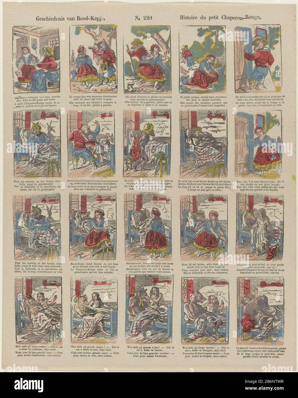 Geschiedenis van Rood-kapje Histoire du petit Chaperon-Rouge (titel op object) leaf with 20 scenes from the fairy tale of Little Red Riding Hood. Under each show a caption in Dutch and French. Numbered top center: N. 220. Manufacturer : Publisher: Brepols & Dierckx son printmaker: anonymous place manufacture Turnhout Dating: 1833 - 1911 Physical characteristics: color lithograph in yellow, blue, pink and red; text printing material: paper Technique: color lithograph (process) / printing sizes: sheet: H 376 mm × W 302 mm Subject: stories and fairy tales and fairy tales: Little Red Riding-hood Stock Photo