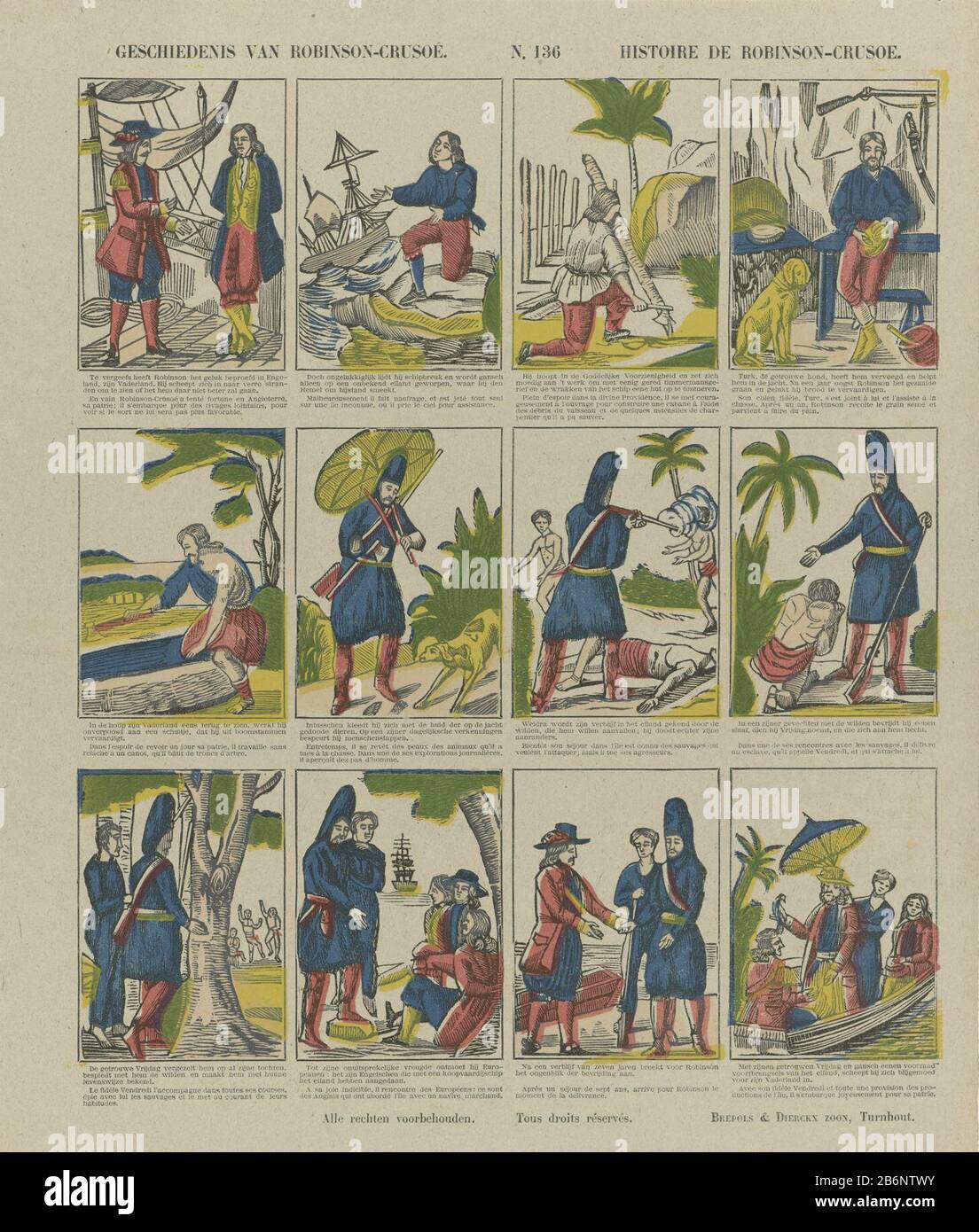 History of Robinson Crusoe / Histoire de Robinson Crusoe (title object)  Property Type: print people picture Item number: RP-P-OB-201.843  Inscriptions / Brands: collector's mark, verso, stamped: Lugt  2760octrooivermelding printed description : Leaf