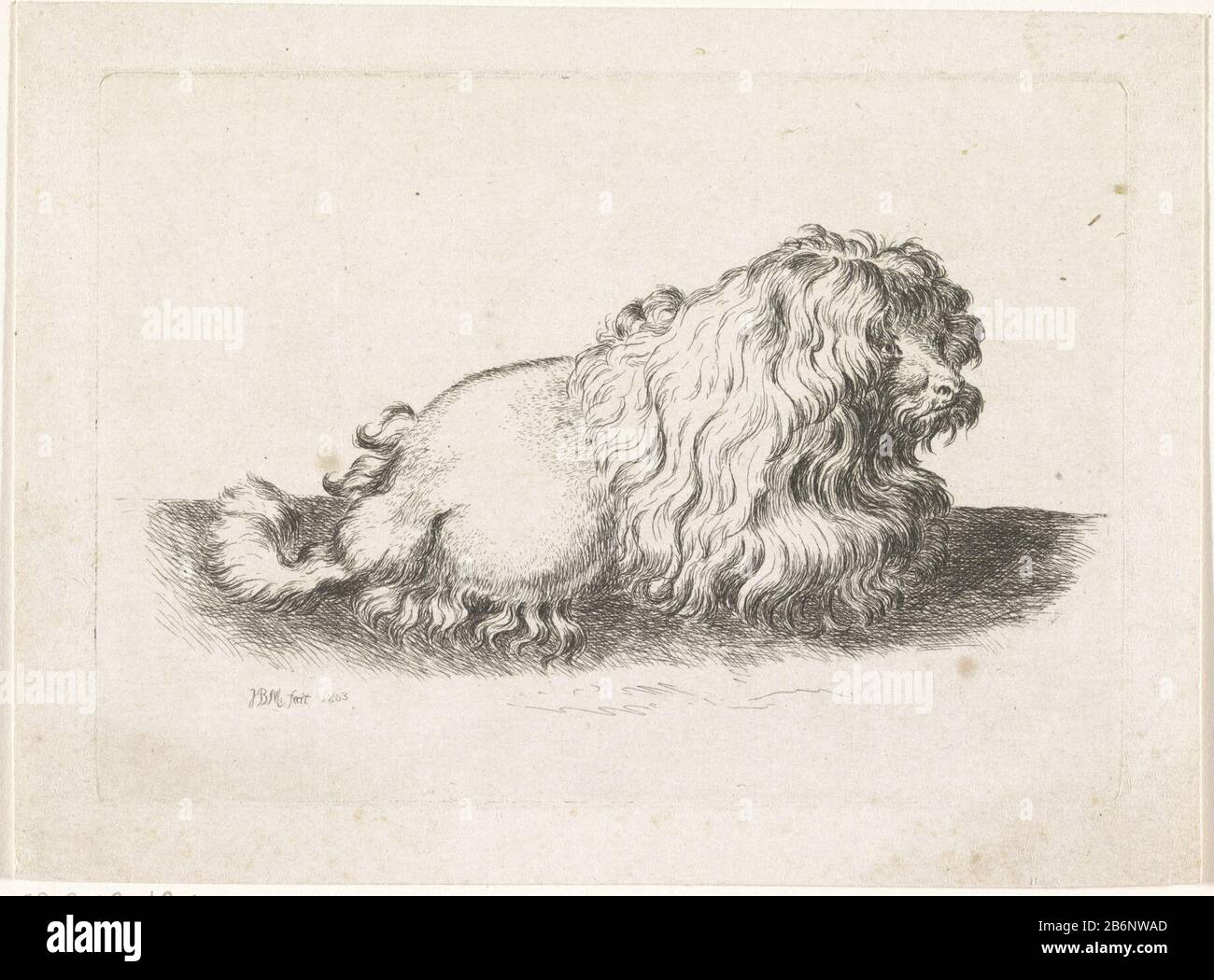 Geschoren hond liggend naar rechts Shaved dog lying at right object type: picture Item number: RP-P-OB-68.214 Inscriptions / Brands: collector's mark, verso, stamped: Lugt 2227 Manufacturer : printmaker: Monogrammist JBM (listed building) Dated: 1803 Physical features: etching material: paper Technique: etching dimensions: plate edge: h 102 mm × W 145 mm Subject: dog Stock Photo