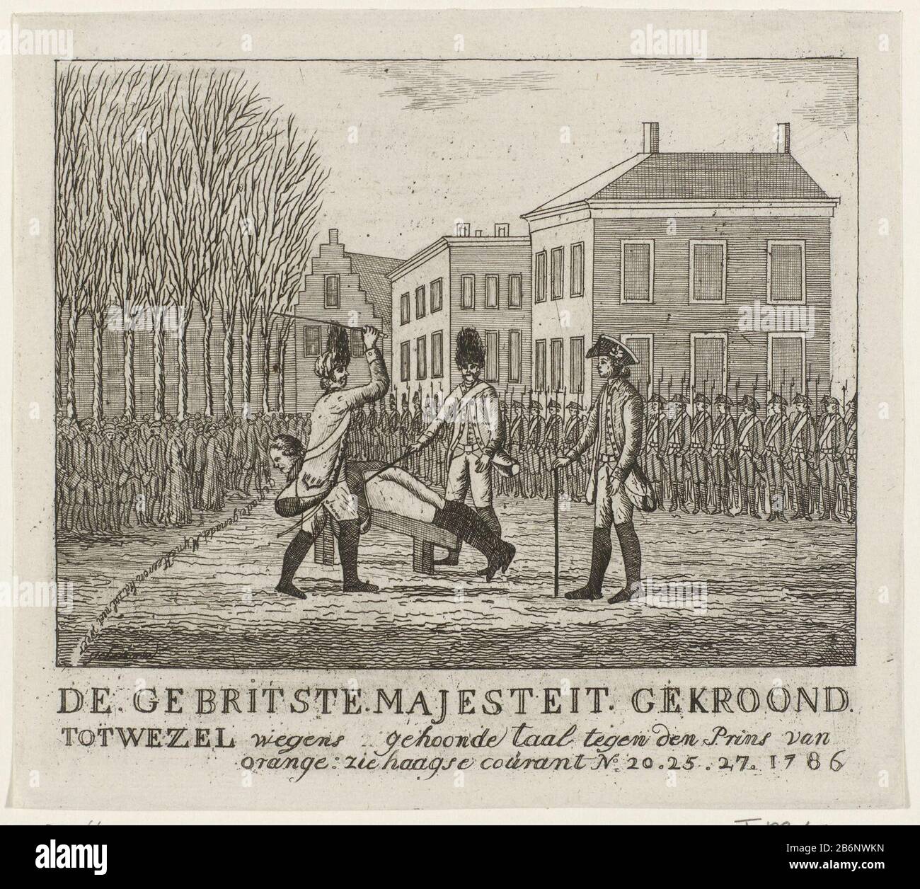 Geseling van een soldaat, 1786 De Gebritste Majesteit gekroond tot Wezel, wegens gehoonde taal tegen den Prins van orange (titel op object) Public punishment of a soldier for the honing of the prince of Orange. Flogging on a wooden trestle, in front of a group of soldiers and the crowd, 1786. The caption referring to the Hague Courant, Nos 20, 25 and 27. Manufacturer : printmaker: anonymous place manufacture: Northern Netherlands Date: 1786 Physical features: etching and engra materials : paper Technique: etching / engra (printing process) Measurements: sheet: h 178 mm × W 198 mm Subject: flog Stock Photo