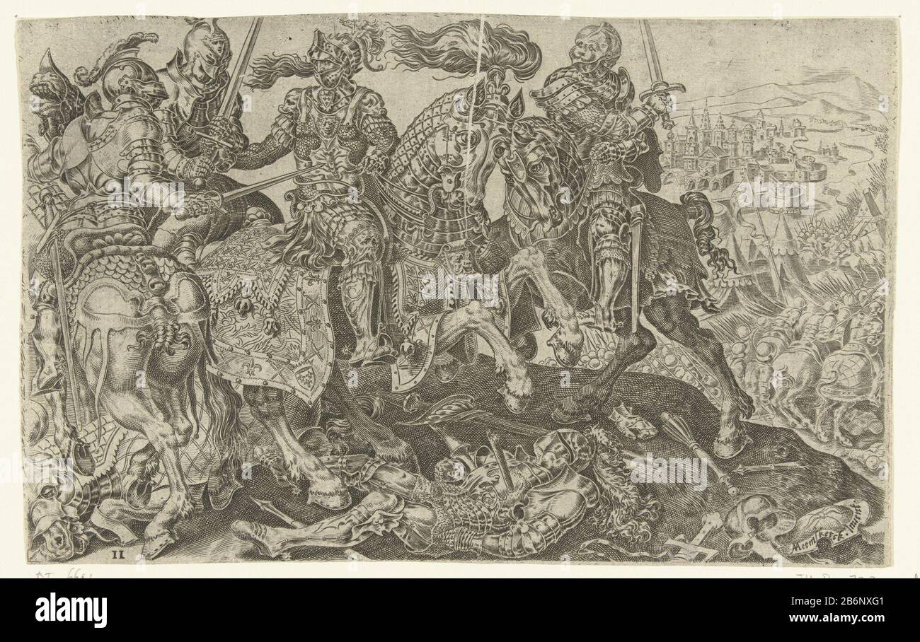 Gevangename van Frans I tijdens de slag van Pavia, 1525 Overwinningen van Karel V (serietitel) Divi Caroli V imp opt max victoriae, ex multis praecipuae (serietitel) the capture of Francis I, king of France, during the battle of Pavia (1525). The king on horseback surrounded by three knights, also on horseback. In the foreground lies the body of a defeated knight. In the background tent and camp in the distance the city of Pavia. The print is part of a twelve-part series about the victories of Charles V. Manufacturer : printmaker: Dirck Volckertsz. Coornhert (possible) printmaker Cornelis Bos Stock Photo