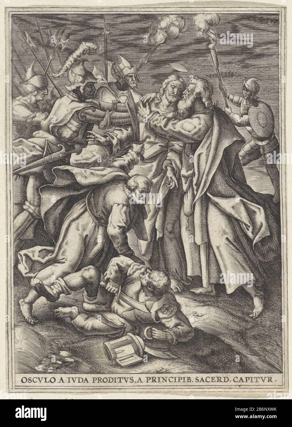 Christ is captured by soldiers with torches and halberds. Christ Judas Kiss on the cheek. At the front Petrus Malchus attacks with a heavy: d. Under a one-line Remarks in the Latijn. Manufacturer : print maker: anonymously to design: Maerten the VosPlaats manufacture: print maker: Netherlands To design: Antwerpen Date: 1560 - 1600 Physical characteristics: engra material: paper Technique: engra (printing process) Measurements: sheet: h 135 mm b × 99 mm Subject: the kiss of Judas: Accompanied by soldiers with torches and lanterns, he kisses Christ Stock Photo