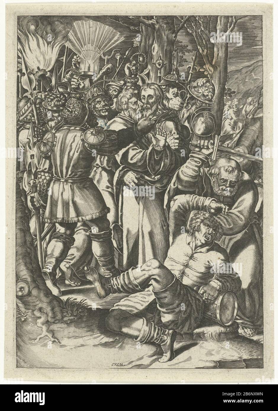 Gevangenneming van Christus Judas Kiss Christ in the crowd to show the soldiers who they looking. Christ immediately arrested. Even Christ followers who try to stand him aside to roughly aangepakt. Manufacturer : printmaker: Bartholomeus Willemsz. Dolendo (possible) Place manufacture: Leiden Date: ca. 1580 - ca. 1625 Physical features: car material: paper Technique: engra (printing process) Dimensions: plate edge: H 195 mm × W 138 mm Subject: the kiss of Judas: Accompanied by soldiers with torches and lanterns, he kisses Christ Stock Photo