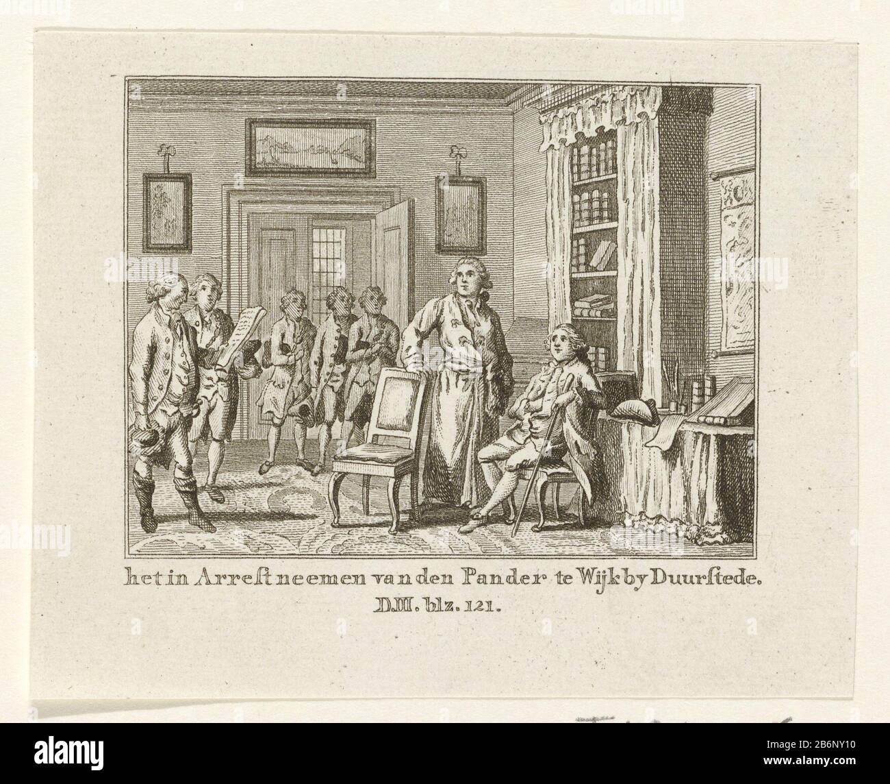 Gevangenneming van de Utrechtse pander, 1786 het in Arrest neemen van den Pander te Wijk by Duurstede (titel op object) the capture of the Utrecht pander J. Valburg in the house of mayor Haantjes in Wijk bij Duurstede, May 29 1786. Branded after the title: Dl.III.blz. 121. Manufacturer : print maker: Pieter Hendrik Jonxis (possible) Place manufacture: Northern Netherlands Date: 1786 - 1792 Physical characteristics: etching and gravur Material: paper Technique: etching / engra (printing process) Measurements: sheet: h 98 mm × W 121 mmToelichtingGebruikt as illustration in Cornelis Rogge. A shor Stock Photo