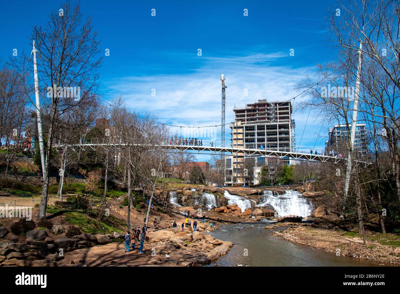 A view of Falls Park on the Reedy with its suspension bridge and