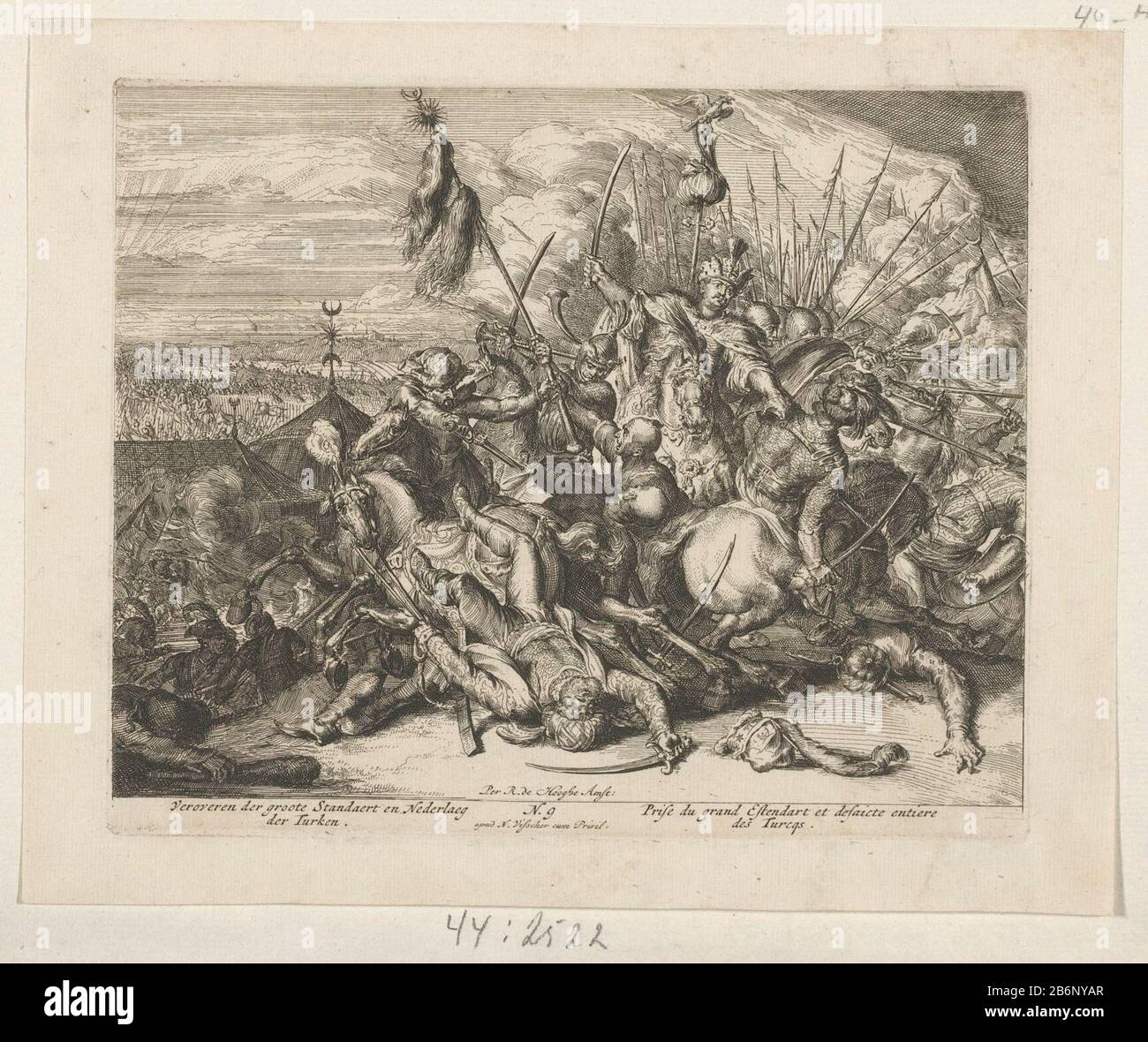 Gevecht tussen Habsburgers en Turken Veroveren der groote Standaert en Nederlaeg der Turken (titel op object) Battle between Turks and Habsburgs. Turks are defeated and captured their standard. Central to the Polish king Jan III Sobieski. This picture is No. 9 in a series of prints of ten performances on the relief of Vienna in 1683 for 'Relation succinte et veritable de tout ce qui s'est passé counterpart Le Siege de Vienne etc.' Manufacturer :. Printmaker: Romeyn de Hooghe ( listed on object) publisher: Nicolaes Visscher (I) (listed building) provider of privilege unknown (listed property) P Stock Photo