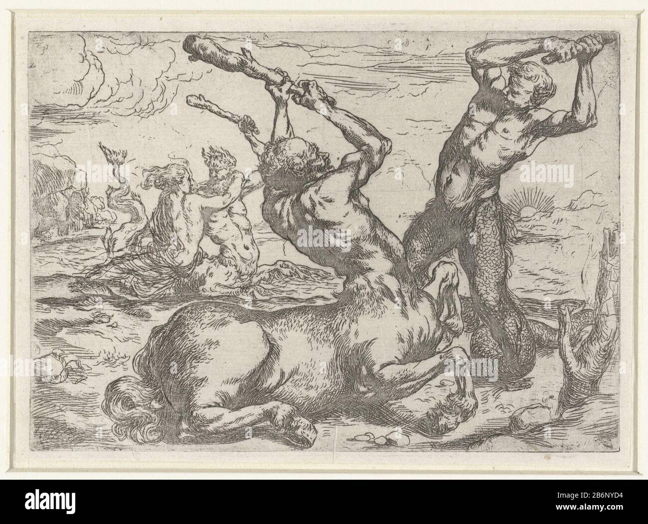 Gevecht tussen een centaur en een triton a centaur and triton fight each other with a club. In the background a fight between a centaur and a triton. Manufacturer : printmaker: anonymous printmaker: Jusepe de Ribera (rejected attribution) Dated: 1620 - 1700 Physical features: etching material: paper Technique: etching Dimensions: plate edge: H 115 mm × W 162 mm Subject: triton (s) (+ aggressive, unfriendly activities and relationships) centaurs (+ aggressive, unfriendly activities and relationships) Stock Photo