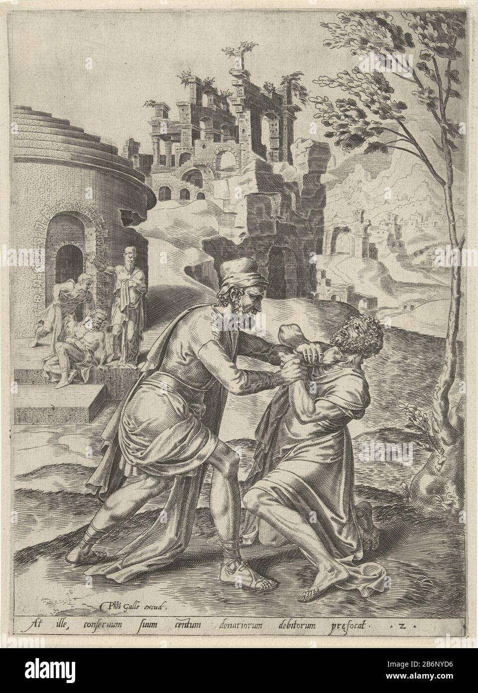 Gevecht tussen de ondankbare knecht en een schuldenaar Gelijkenis van de ondankbare knecht (serietitel) The ungrateful servant is one of his debtors to, strangles him and demands his money back. The picture has a caption Latin and is part of a four part series on the parable of the unmerciful knecht. Manufacturer : printmaker: Dirck Volckertsz. Coornhert to design: Maarten van Heemskerck Publisher: Philip Galle (listed property) Place manufacture: printmaker: Haarlem To design: Haarlem Publisher: Antwerp Date: 1554 and / or 1554 - 1612 Physical features: engra and etching material: paper Techn Stock Photo