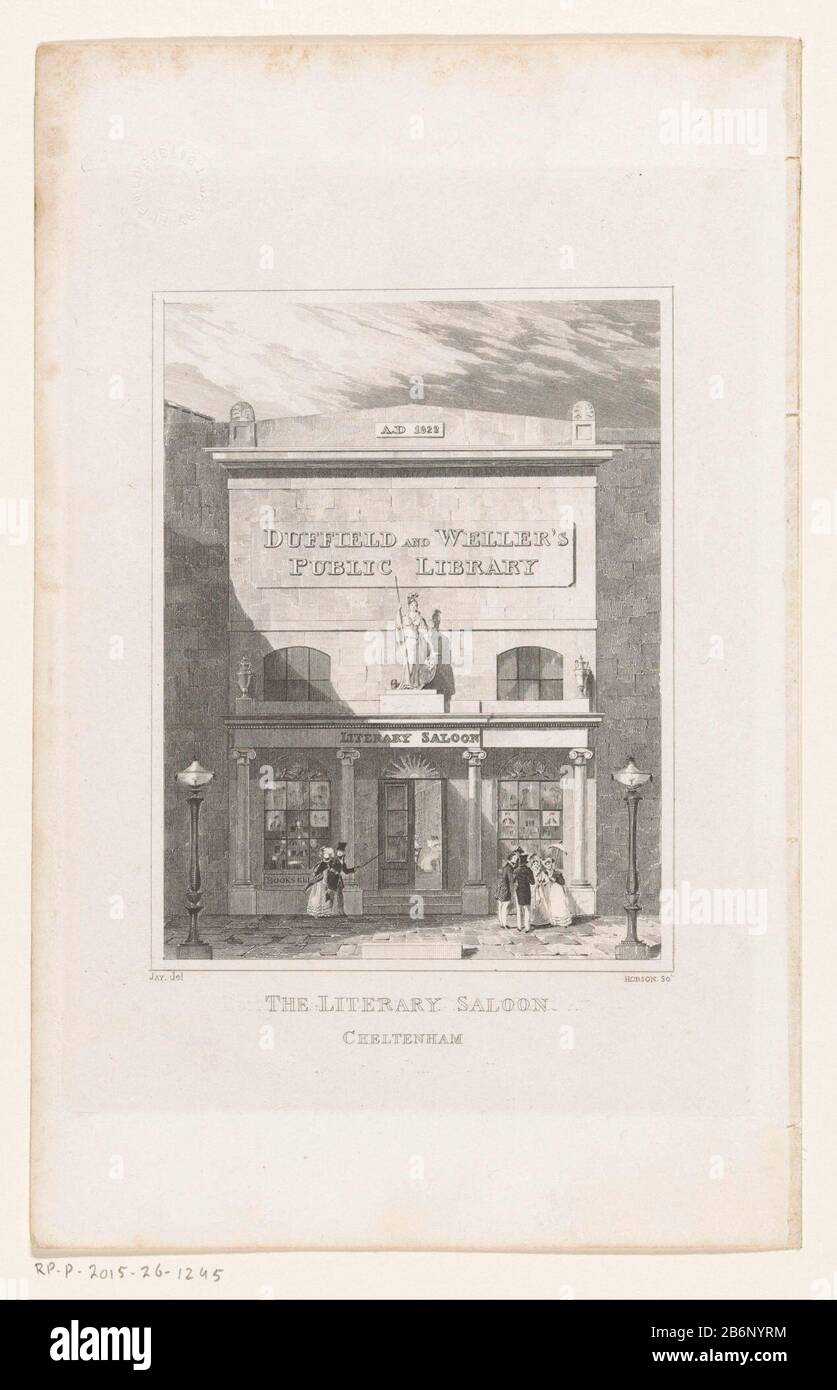 Gevel van Duffield and Weller's Public Library te Cheltenham The Literary Saloon Cheltenham (titel op object) Facade of Duffield and Weller's Public Library to CheltenhamThe Literary Saloon Cheltenham (title object) Object type: picture book illustration Item number: RP-P-2015-26-1245 Inscriptions / Brands: collector's mark, verso, stamped: Lugt 2228 collector's mark  , recto, stamped: Lugt 4779blindstempel, recto, embossed: 'Enfield Public library (not in Lugt.) Description: on the facade, the name of the library, the foundation date (1822) and a statue of Minerva. On either side of the door Stock Photo