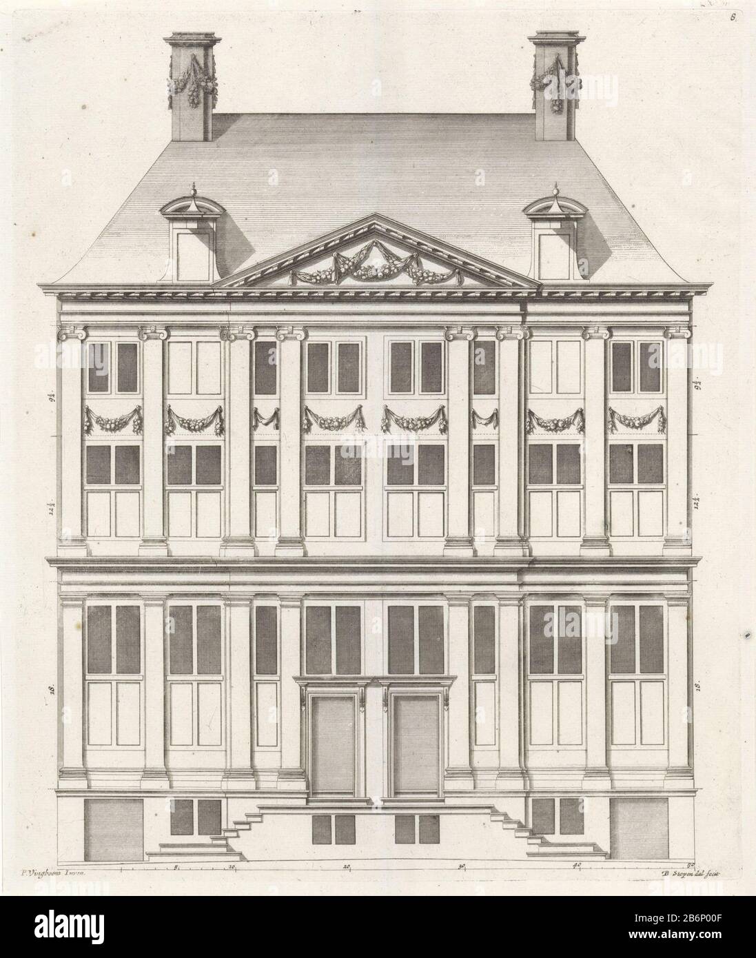 Gevel van een dubbelwoonhuis aan de Oudezijds Voorburgwal te Amsterdam Frontage of the double house at the Oudezijdsvoorburgwal 205-207 in Amsterdam. The house was designed by Philips Vingboons for Jan and Hendrik Schuyt in 1650. Manufacturer : printmaker: Bastiaen Stopendael (listed property) designed by Philips Vinckboons (II) (listed building) Place manufacture: Amsterdam Date: 1674 Physical Features: Etching and engra material: paper Technique: etching / engra (printing process) Measurements: plate edge: h 373 mm × W 312 mmToelichtingPrent of: Vingboons, Philips. Second part of the afbeeld Stock Photo