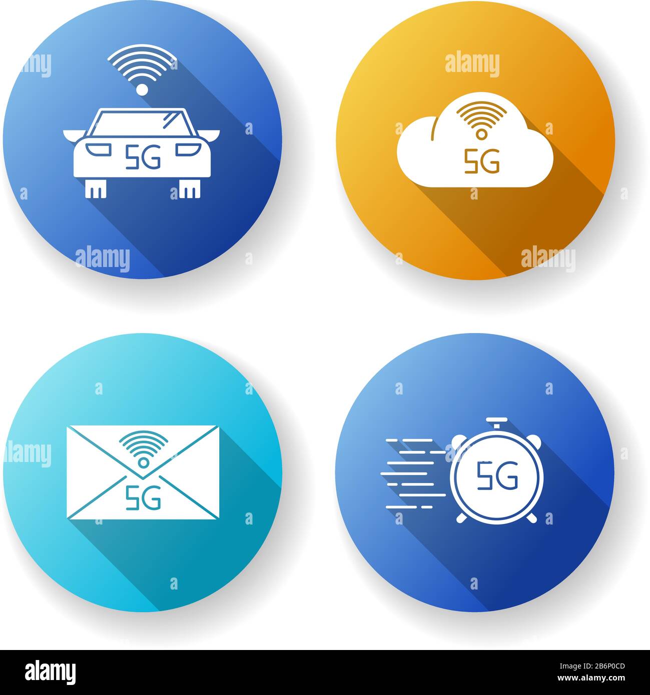 5G wireless technology flat design long shadow glyph icons set. Smart vehicle. Fast speed. Cloud computing. Improved messaging. Mobile cellular Stock Vector