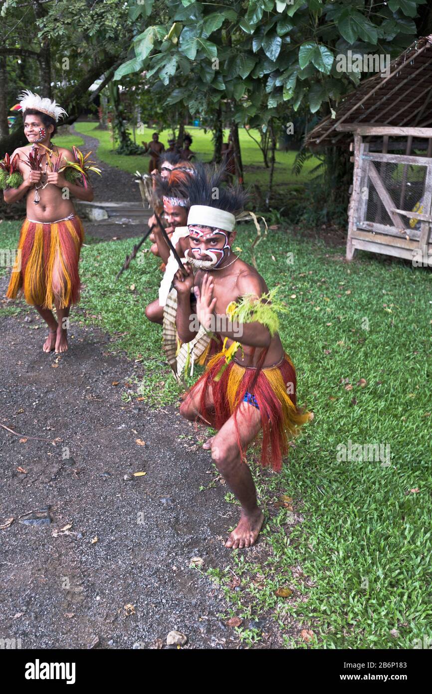 dh PNG native dancers ALOTAU PAPUA NEW GUINEA Traditional welcoming visitors to village tourism man culture tribesman Stock Photo