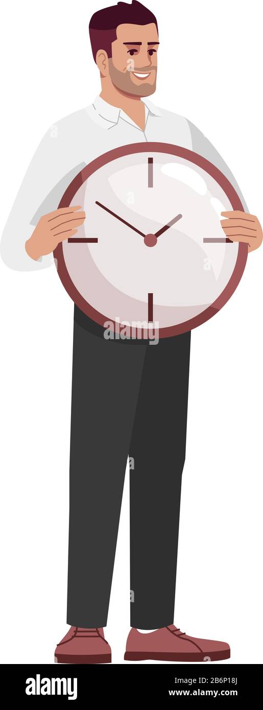 Workers time management skills semi flat RGB color vector illustration. Employee holding clock isolated cartoon character on white background. Meeting Stock Vector