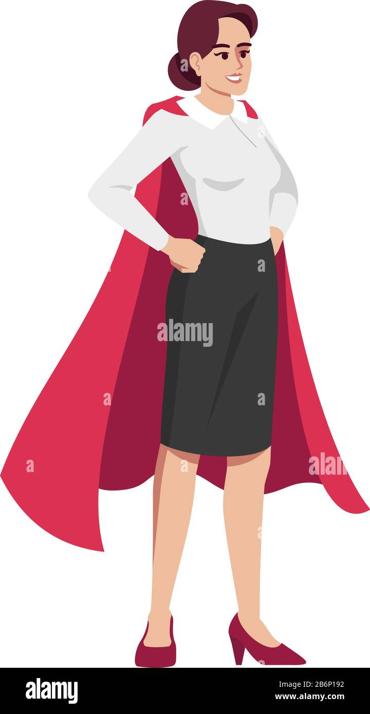 Perfect office manager semi flat RGB color vector illustration. Young worker in superhero cape isolated cartoon character on white background Stock Vector