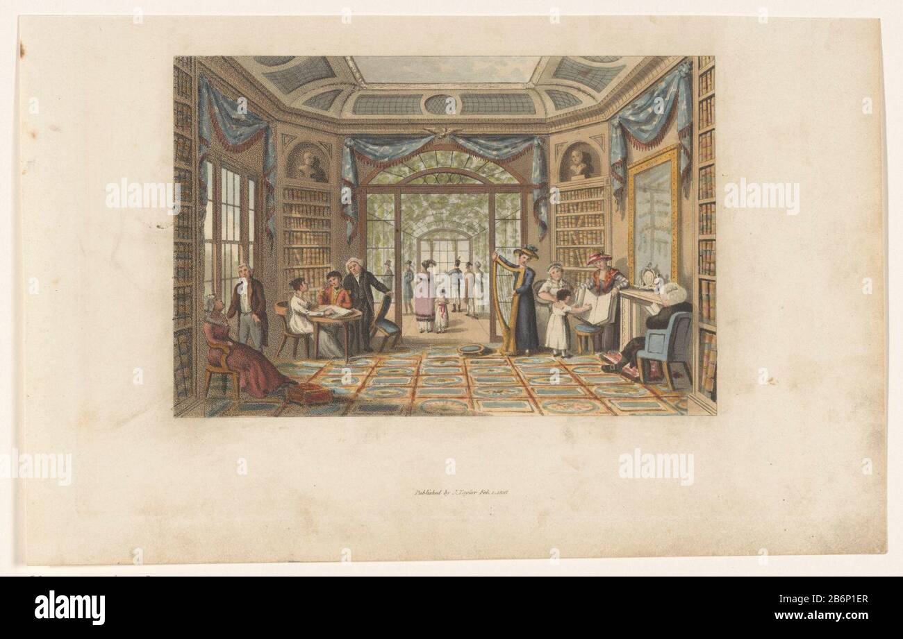 Gezelschap in een bibliotheek The fireplace is a man reading in a chair. A bookcase watching a child a picture album; next to a woman with a harp. An open glass door gives access to a greenhouse or serre. Manufacturer : print maker: anonymous publisher: J. Taylor (indicated on object) Place manufacture: London Date: Feb-1816 Physical characteristics: aqua hue, hand-colored material: paper Technique: aqua hue / with the hand color dimensions: plate edge: h 153 mm (top cut in the sheet edge) × b 226 mmToelichtingPrent origin: Repton, Humphry Repton and John Adey. Fragments on the Theory and Prac Stock Photo