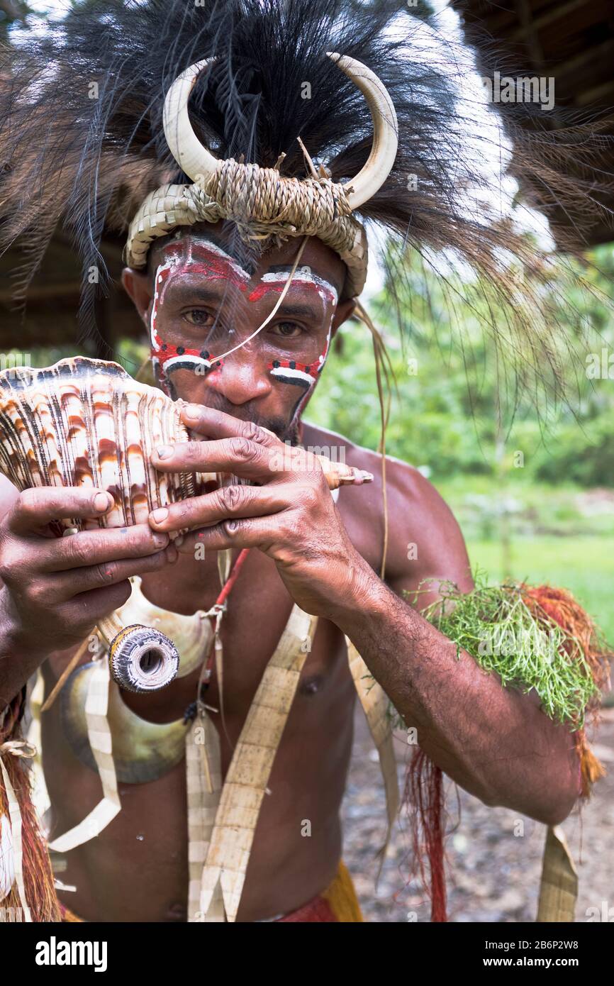dh Head dress face paint leader ALOTAU PAPUA NEW GUINEA Traditional PNG native warrior man blowing into conch shell tribe faces tribesman culture Stock Photo