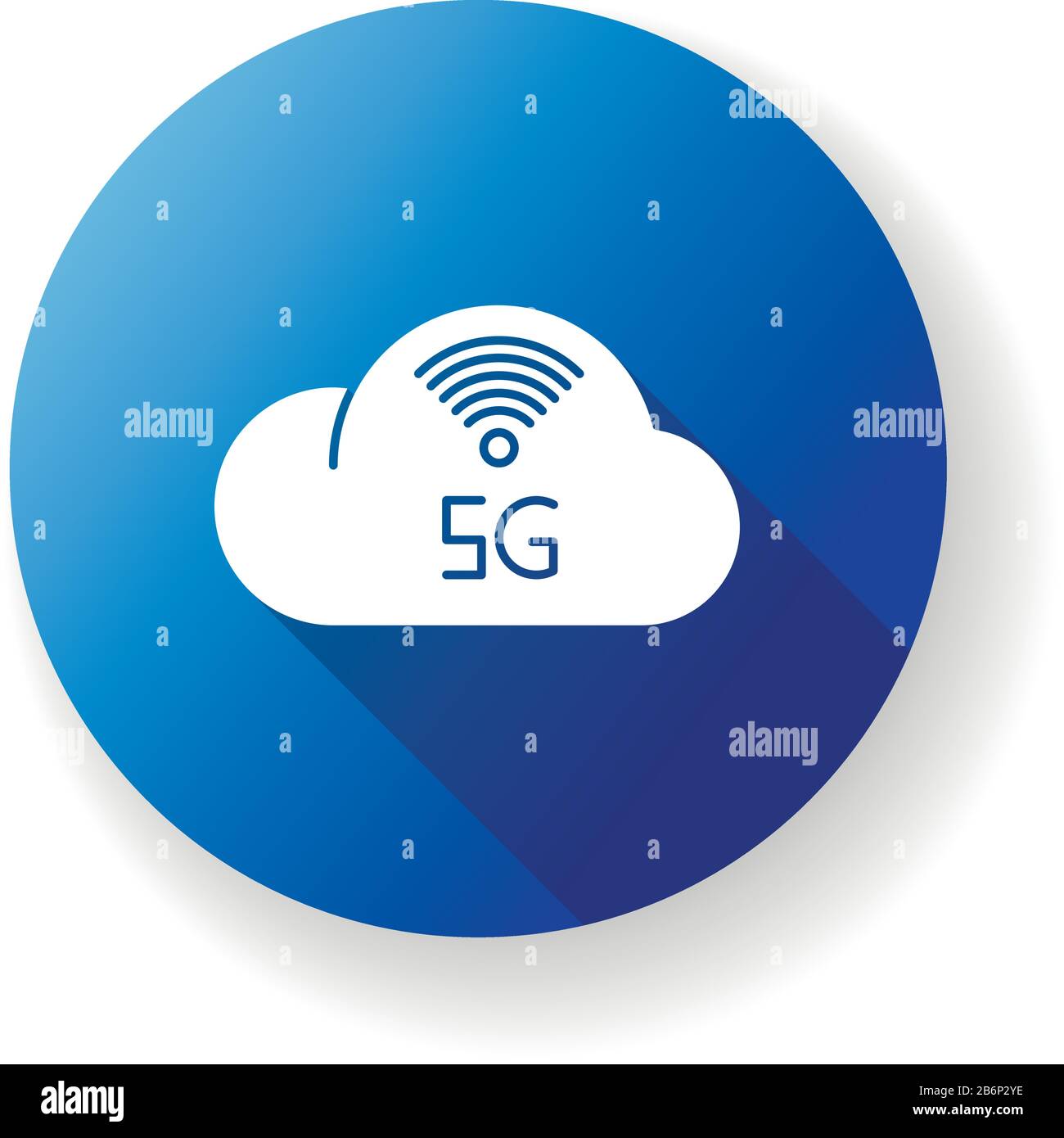 5G cloud service blue flat design long shadow glyph icon. Cloud computing. Remote workforce. Network storage. Wireless technology. Fast connection Stock Vector