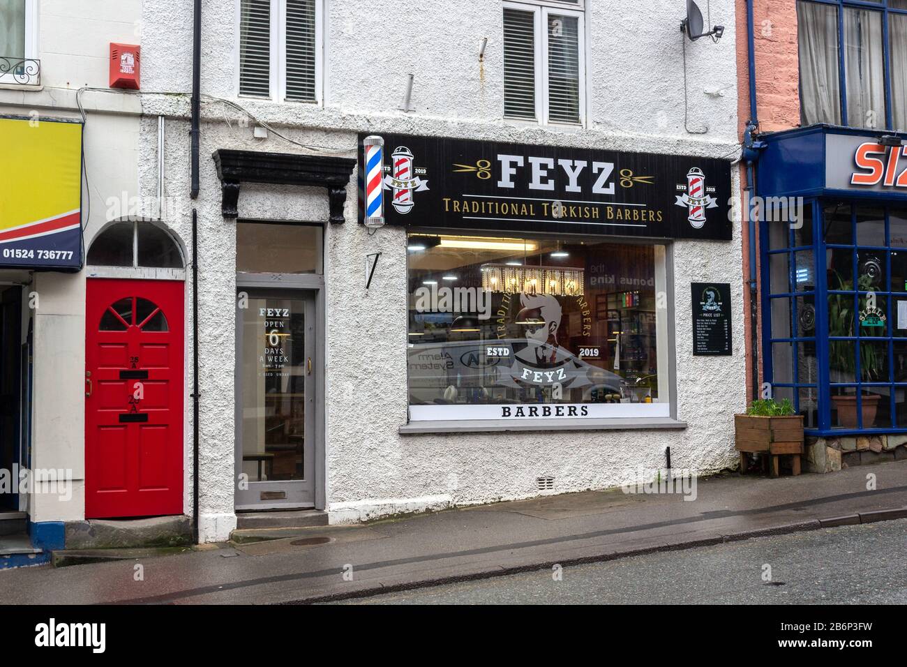 Feyz Traditional Turkish Barbers hair salon, Market Street, Carnforth, Lancashire Stock Photo