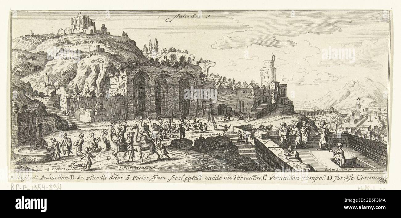 View of the city of Antioch and the ruins around the city. In the foreground, outside the city walls, a Turkish caravan of camels which provides at a fountain. In the background a ruined temple and the apostle Peter's Cave. Above the town the name of the city. The picture has a caption with references to Dutch buildings on prent. Manufacturer : printmaker: Gaspar Bouttats (listed property) to drawing: Jan Peeters (I) (listed building) publisher: Jan Peeters (I) (indicated by object ) Place manufacture: Antwerp Date: 1672 Physical features: etching material: paper Technique: etching dimensions: Stock Photo