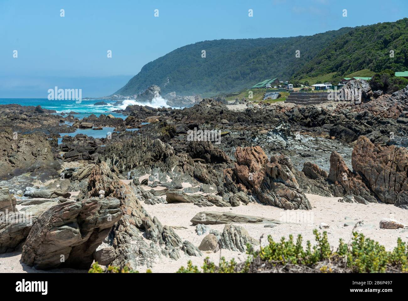 The rocky shoreline at the Storms River Mouth Rest Camp, Tsitsikamma  Section of the Garden Route National Park, South Africa Stock Photo - Alamy