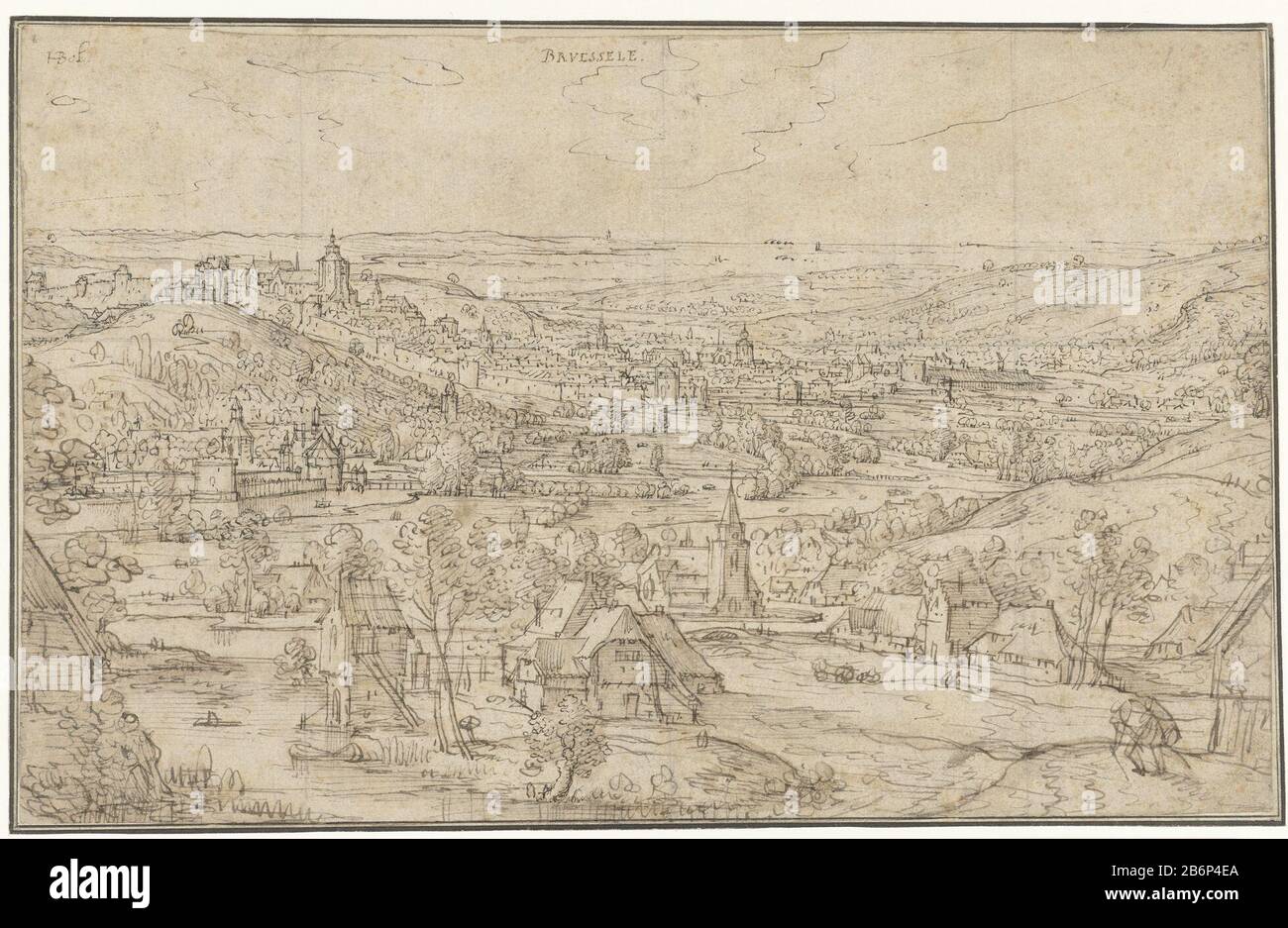 Gezicht op Brussel View of Brussels and its surroundings. In the  foreground, a village beyond its walls with Brussels, Tervuren Castle and  other churches around 1575. Manufacturer : artist: Hans Bol Dating: