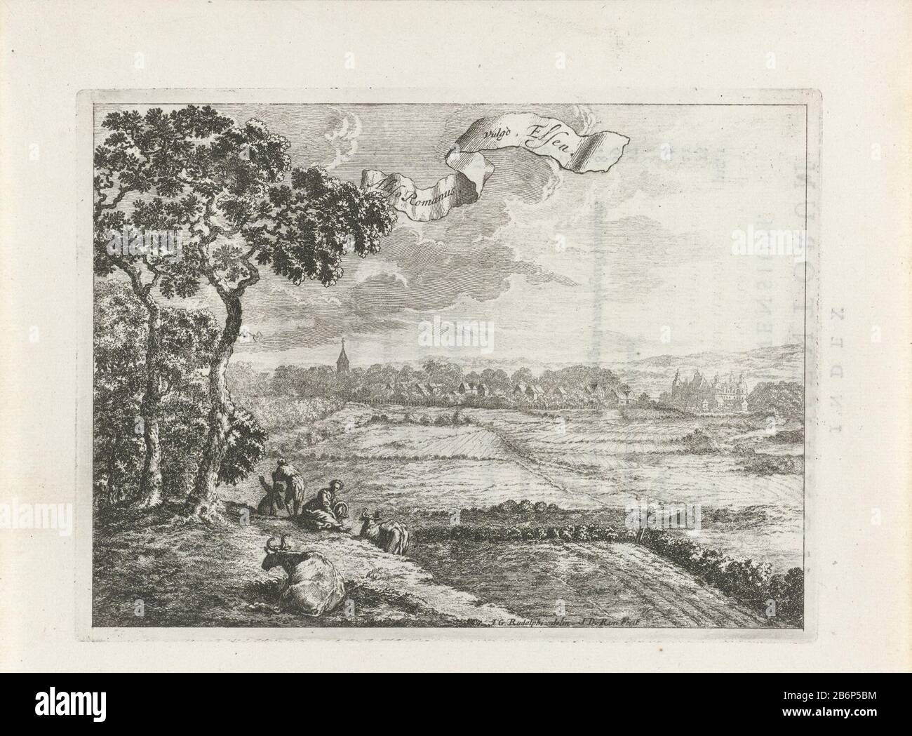 Gezicht op Elsen Aliso Romanus, vulgo Elsen (titel op object) View from the fields at the site Elsen in the former principality of Paderborn. In the foreground two cows and three figuren. Manufacturer : print maker, John Ram (indicated on object) to drawing of: Johann Georg Rudolphi (indicated on object) Place manufacture: Amsterdam Date: 1672 Physical characteristics: etching material: paper Technique: etching dimensions: plate edge: h 134 mm × W 180 mmToelichtingIllustratie of: Ferdinand Fuerstenberg, Bernhard Decayed Langendorff. Monumenta Paderbornensia ex historia Romana, Francica (...). Stock Photo