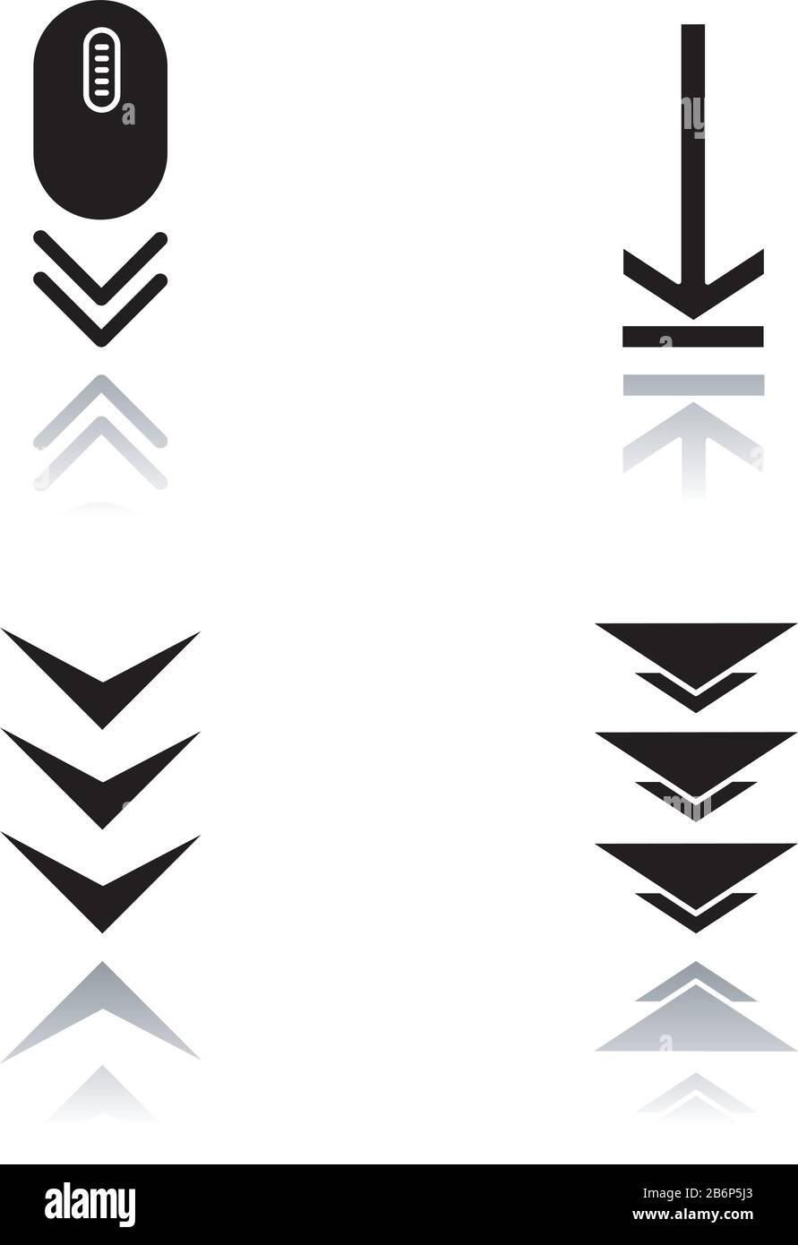 Scrolling down and uploading indicators drop shadow black glyph icons set. Computer mouse and arrowheads. Scrolldown gesture. Website page cursor Stock Vector