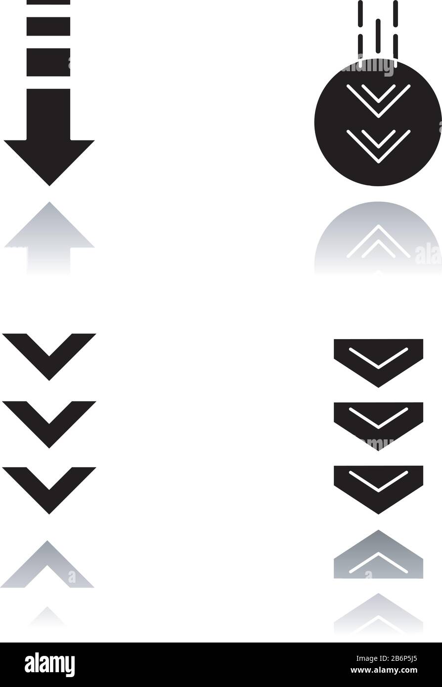 Down arrows drop shadow black glyph icons set. Double arrowhead in circle. Scrolldown buttons. Arrows interface navigation buttons. Website page Stock Vector