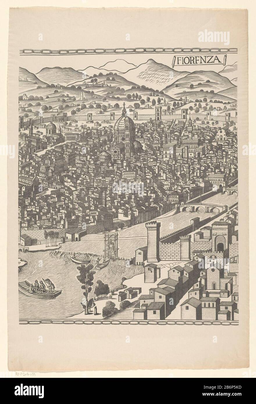 Gezicht op Florence (middelste deel) Fiorenza (titel op object) Midsection of a view of Florence, in three parts, called the Pianta della Catena genoemd. Manufacturer : printmaker Francesco Rosselli (copy to) printer: Reichsdruckerei (listed property) Place Manufacture: printmaker: Florence Publisher: Berlin Dated: approximately 1480 and / or 1879 - 1949 Material: paper Technique: cliché Dimensions: sheet: h 745 mm × W 496 mm Subject: prospect of city, town panorama, silhouette of city where Florence Stock Photo