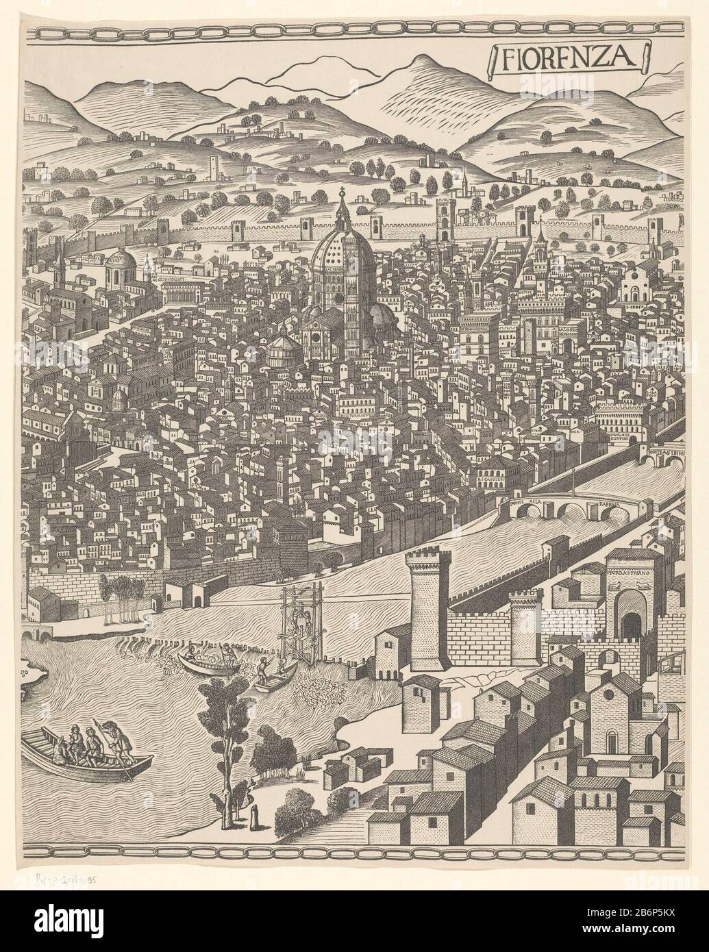 Gezicht op Florence (middelste deel) Fiorenza (titel op object) Midsection of a view of Florence, in three parts, called the Pianta della Catena genoemd. Manufacturer : printmaker Francesco Rosselli (copy to) printer: Reichsdruckerei (listed property) Place manufacture: printmaker: Florence Publisher: Berlin Dated: approximately 1480 and / or 1879 - 1949 Material: paper Technique: cliché Dimensions: sheet: h 574 mm × W 462 mm Subject: prospect of city, town panorama, silhouette of city where Florence Stock Photo