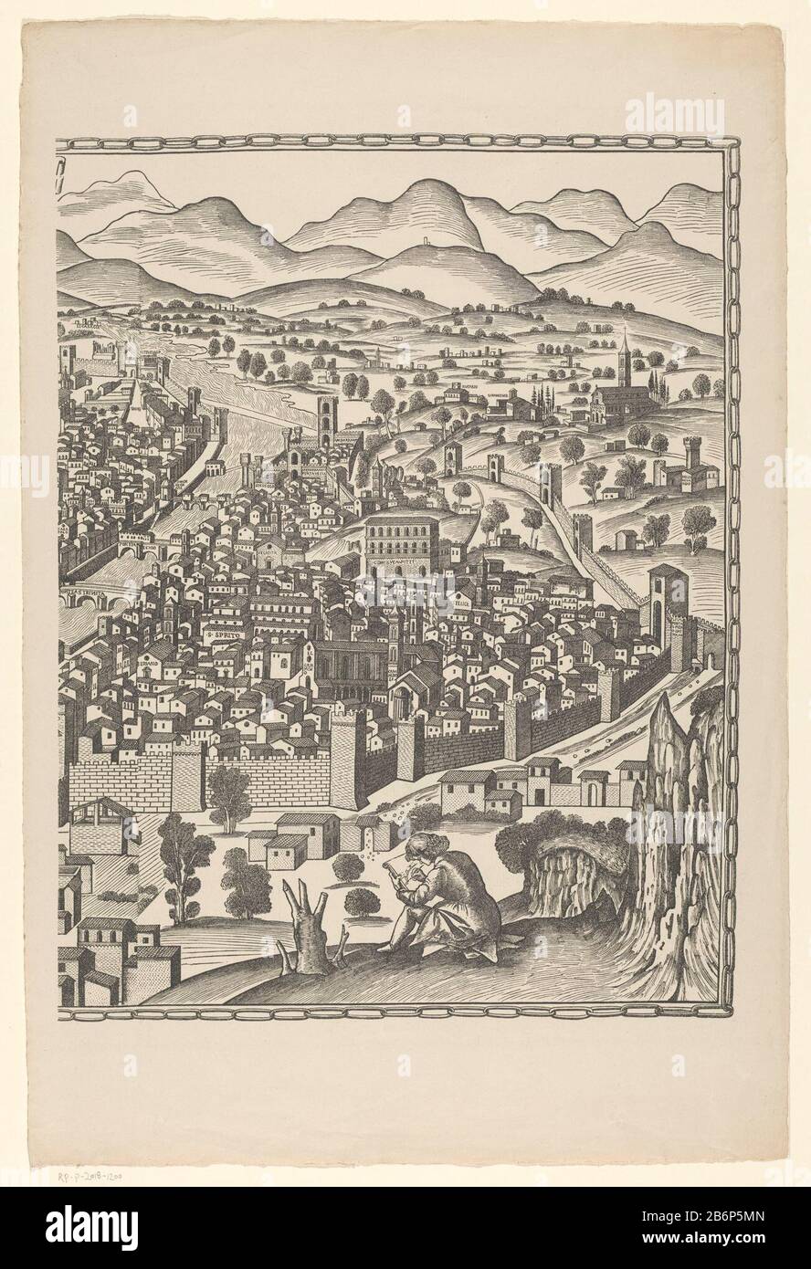 Gezicht op Florence (rechterdeel) Fiorenza (titel op object) Right portion of a view of Florence, in three parts, called the Pianta della Catena genoemd. Manufacturer : printmaker Francesco Rosselli (copy to) printer: Reichsdruckerei (listed property) Place manufacture: printmaker: Florence Publisher: Berlin Dated: approximately 1480 and / or 1879 - 1949 Material: paper Technique: cliché Dimensions: sheet: h 749 mm × W 497 mm Subject: prospect of city, town panorama, silhouette of city where Florence Stock Photo