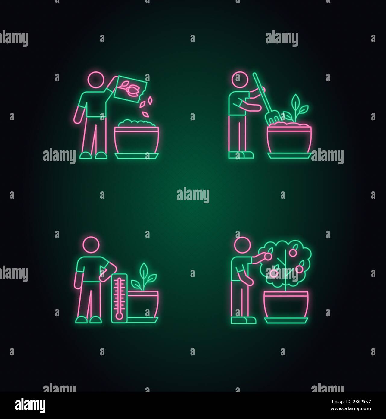 Indoor gardening process neon light icons set. Planting, propagating ...