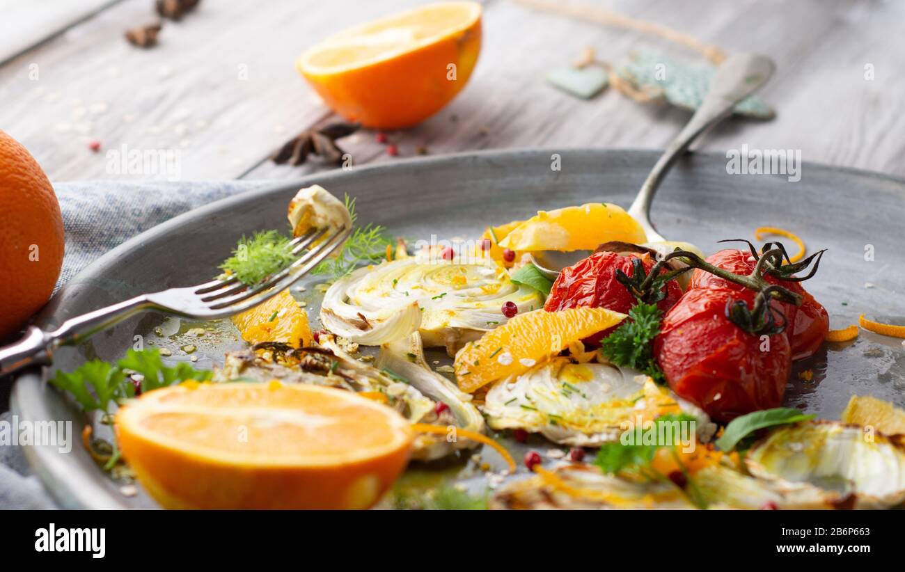 fennel and oranges served on a plate, top view, traditional Mediterranean recipe with light and bright colors Stock Photo