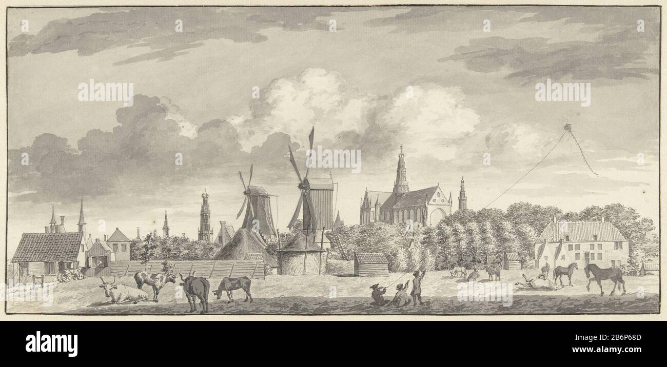 Gezicht op Haarlem vanuit het noordwesten View of Haarlem from the northwest; in the foreground windmills, cattle, a haystack and Vliegerende jongens. Manufacturer :  draftsman: Hendrik spindle Mandate: 1733 - 1784 Physical characteristics: pen or brush in gray and black material: paper Ink Technique: pen / brush dimensions: h 160 mm × W 340 mm Subject: names of cities and villages (with NAME) prospect of city, town panorama, silhouette of city (flying a) kite windmill where Haarlem Stock Photo