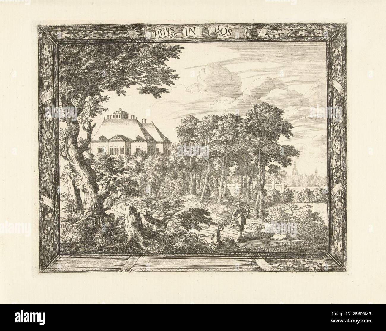 Gezicht op Huis ten Bosch T' Huys in 't Bos (titel op object) View Huis ten Bosch, the trees. In the foreground, a falconer and a woman sitting on the ground. The performance is framed by a border with oak leaf motifs and a band bearing thereon the titel. Manufacturer : print maker: Cornelis ElandtsPlaats manufacture: The Hague Date: 1681 - 1728 Material: paper Technique: etching dimensions: plate edge: H 230 mm × W 284 mmToelichtingDeze print is initially issued as a part of the edge of the so-called map of figurative Den Haag from 1681-1682 (see RP-P-AO-12-9D). The edge was a view of the cit Stock Photo