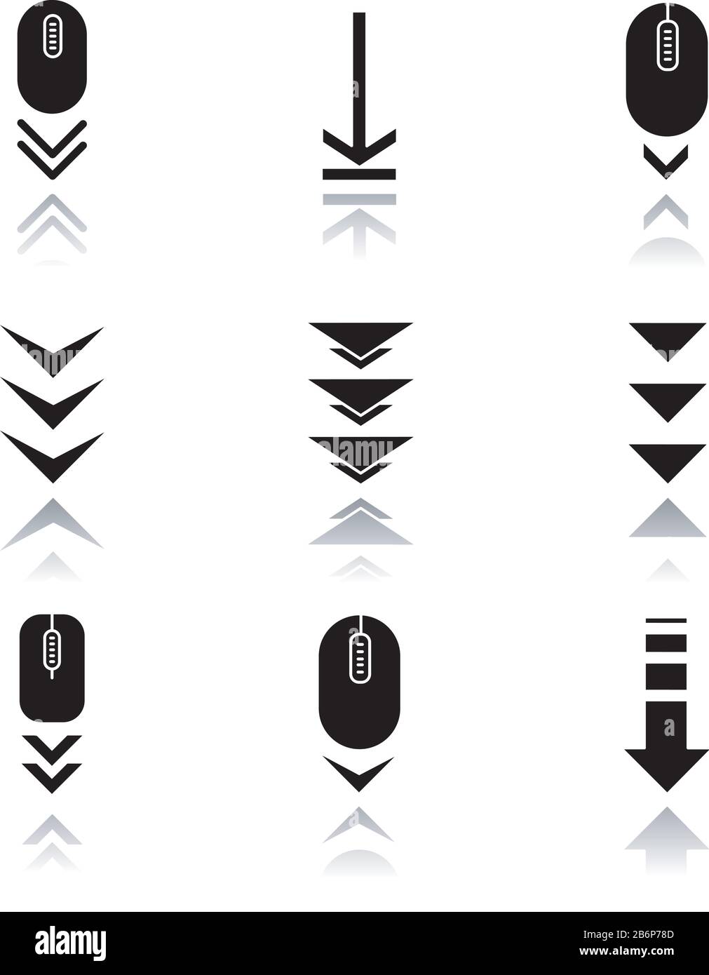 Scroll down buttons drop shadow black glyph icons set. Internet page browsing and download indicators. Web cursor. PC elements with arrowheads Stock Vector
