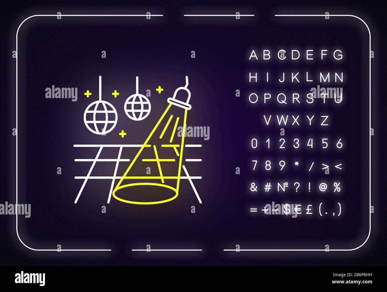 Dance floor neon light icon. Outer glowing effect. Sign with alphabet