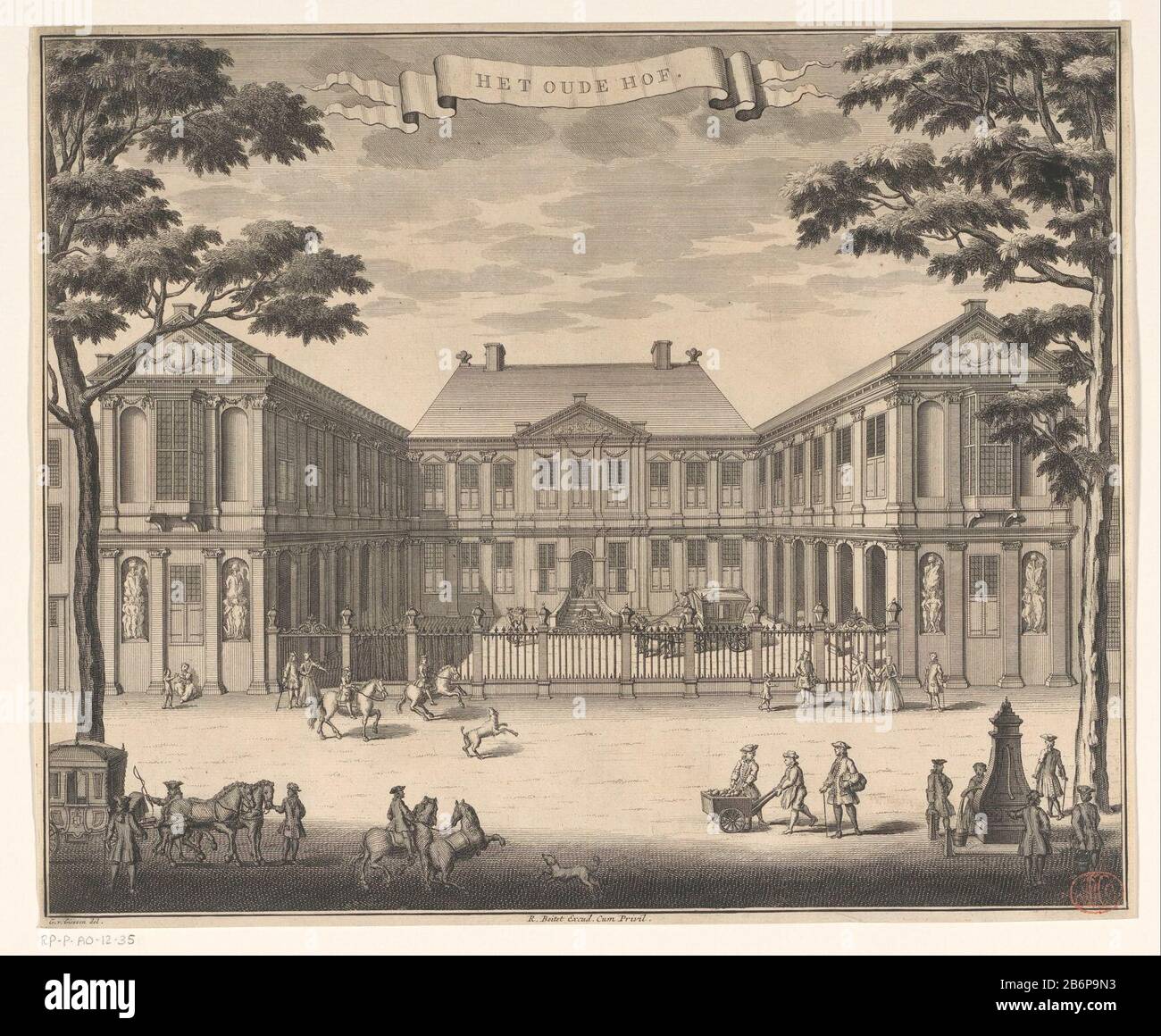 Gezicht op Paleis Noordeinde te Den Haag Het Oude Hof (titel op object) View of Noordeinde Palace, at the time of the Republic known as the Old Court in the Haag. Manufacturer : printmaker: anonymous to drawing: Gerrit van Giessen (listed building) publisher: Reinier Boitet (listed object ) Publisher: Adrianus Douci Pietersz Provider of privilege unknown (listed property) Place manufacture: from drawing: The Hague Publisher: Delft Publisher: Amsterdam Date: 1730 - 1736 Material: paper Technique: etching / engra (printing process) Dimensions: sheet: h 285 mm ( cut inside edge plate) b × 346 mm Stock Photo