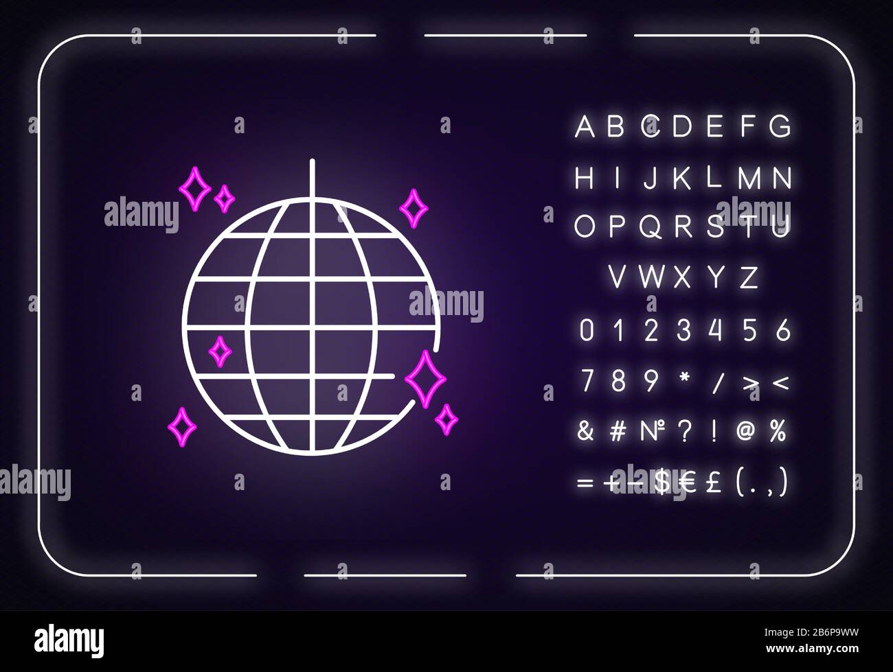 Disco ball neon light icon. Outer glowing effect. Sign with alphabet