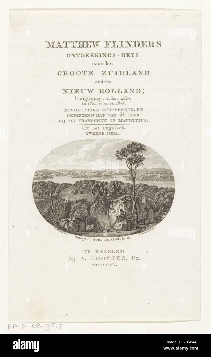 Gezicht op Port Jackson Gezigt op Port Jackson (titel op object) Titelpagina voor Matthew Flinders, Ontdekkings-reis naar het Groote Zuidland anders Nieuw Holland, 1815 View of port Jackson, natural harbor of Sydney. The rocks in the foreground are two figuren. Manufacturer : printmaker Daniel Lots Where: d (I) (listed building) to painting by William Westall (listed building) publisher: Adriaan Pietersz. Loosjes (indicated on object) Place manufacture: Haarlem Date: 1815 Physical characteristics: etching and engra material: paper Technique: etching / engra (printing process) Measurements: she Stock Photo