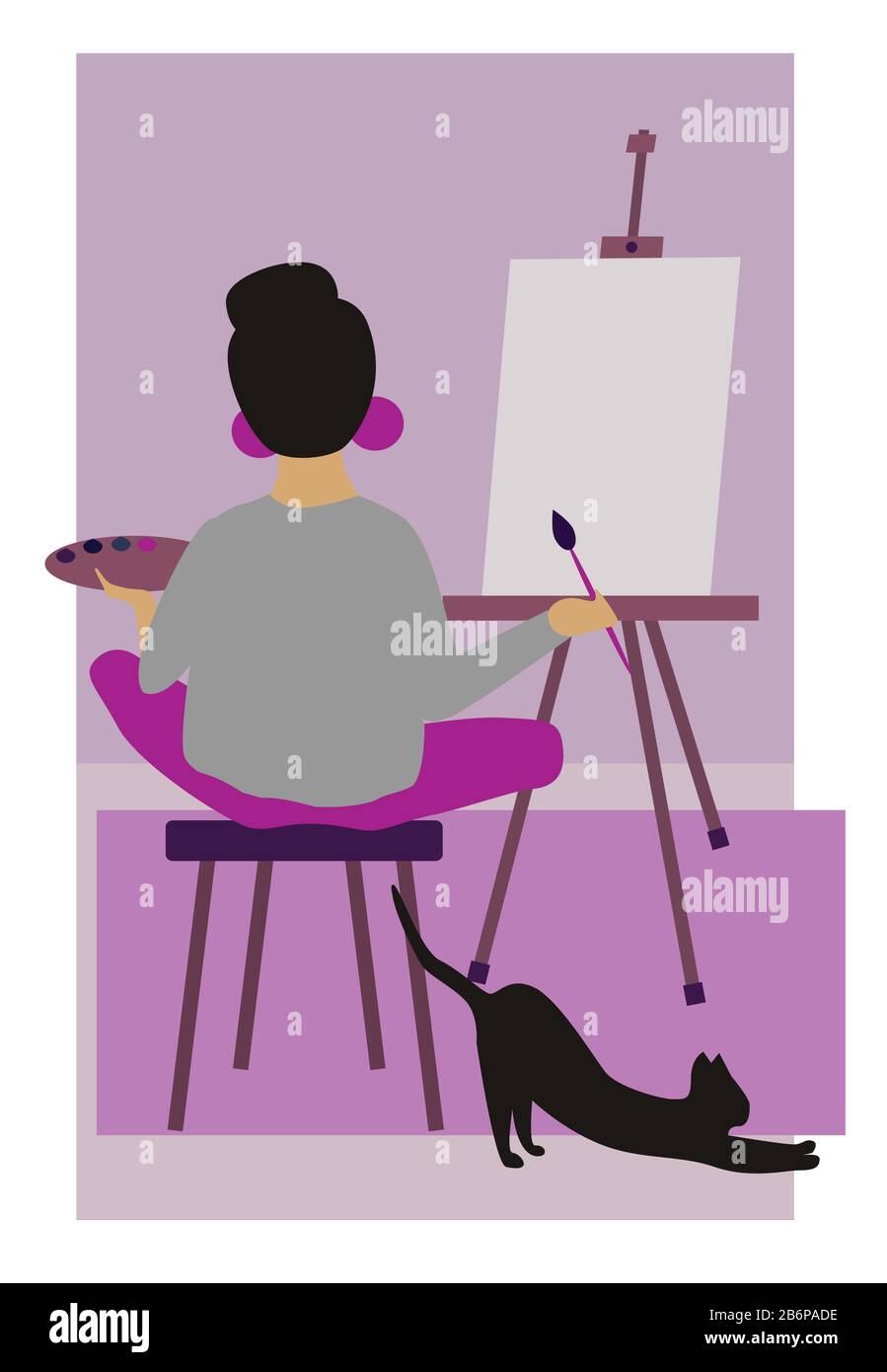 Vector flat illustration. Young Talented Woman Artist painting on Canvas at home with black cat. Lifestyle Activity, Painting Hobby Creativity Cartoon Stock Vector
