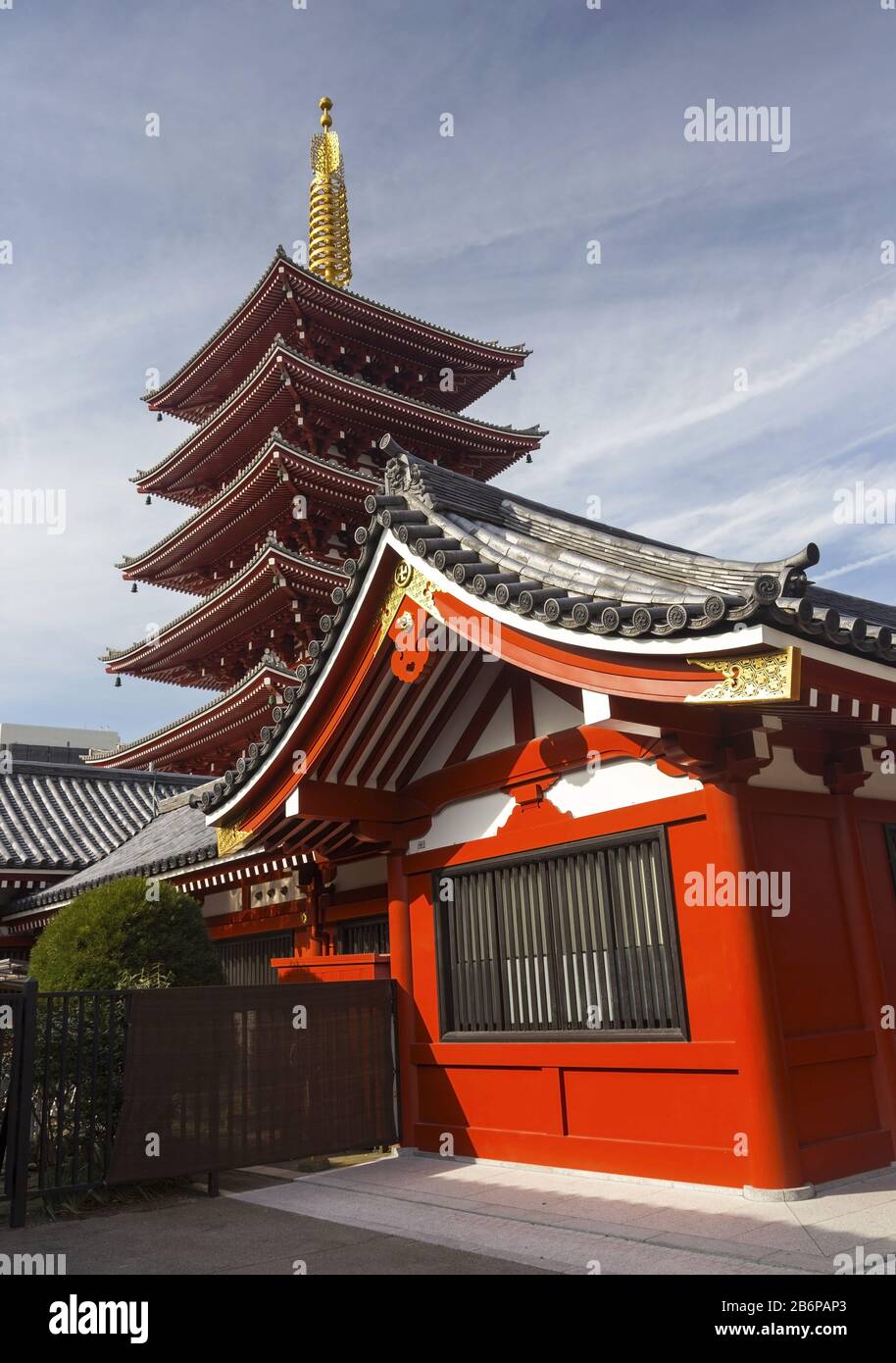 The Five Storied Sensoji or Senso-ji Pagoda Shrine Vertical Portrait, an ancient Buddhist Temple, next to Asakusa Shrine in Tokyo, Japan Stock Photo