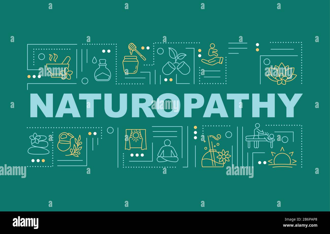 Naturopathy word concepts banner. Naturopathic medicine. Pseudoscientific practices. Infographics with linear icons on green background. Isolated Stock Vector